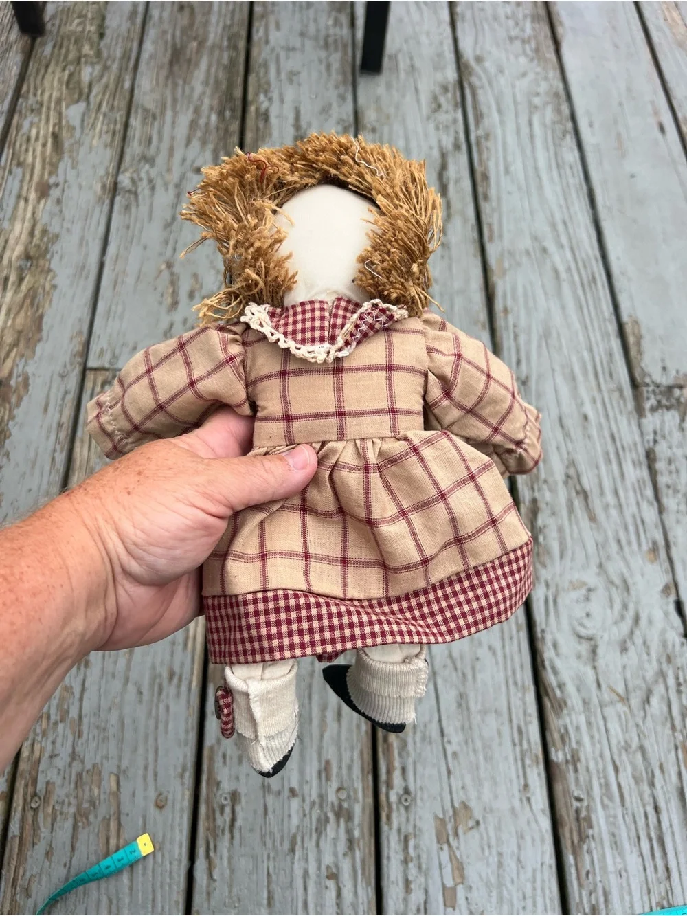 Vintage Beige and Burgundy Plaid Cloth Doll